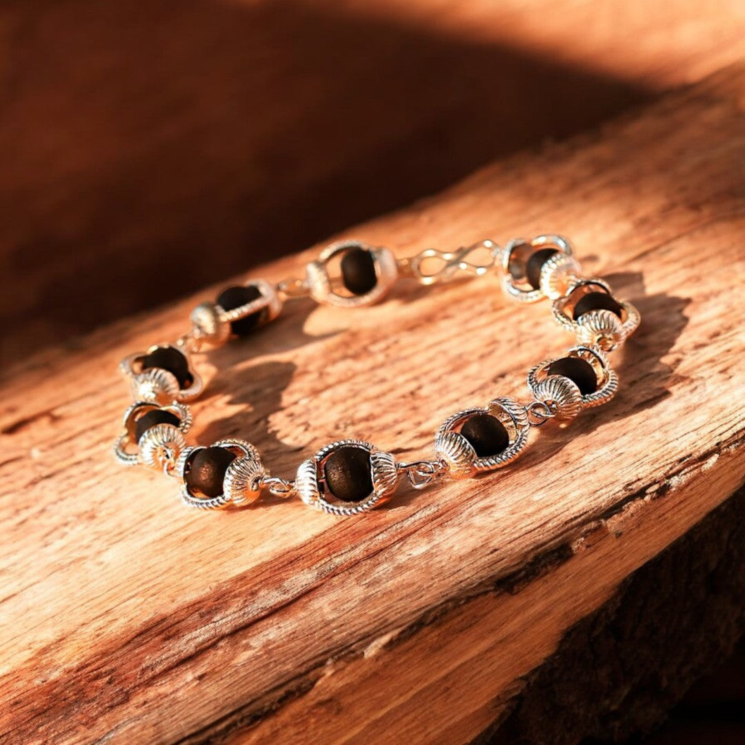 Karungali Malai Silver Cap Bracelet Modern - Ebony Wood
