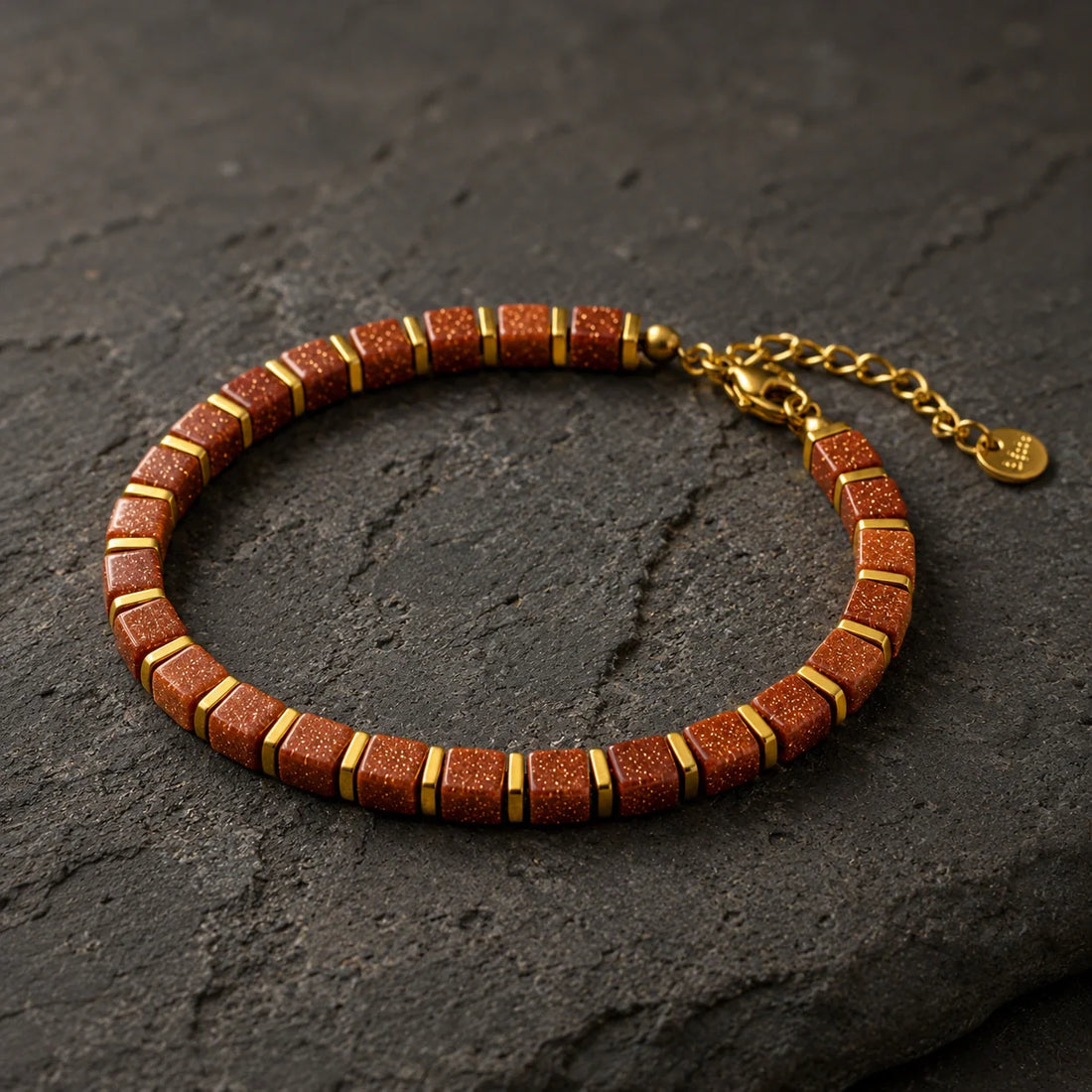 Goldstone square bead bracelet with golden hematite accents - brown glass with copper sparkle