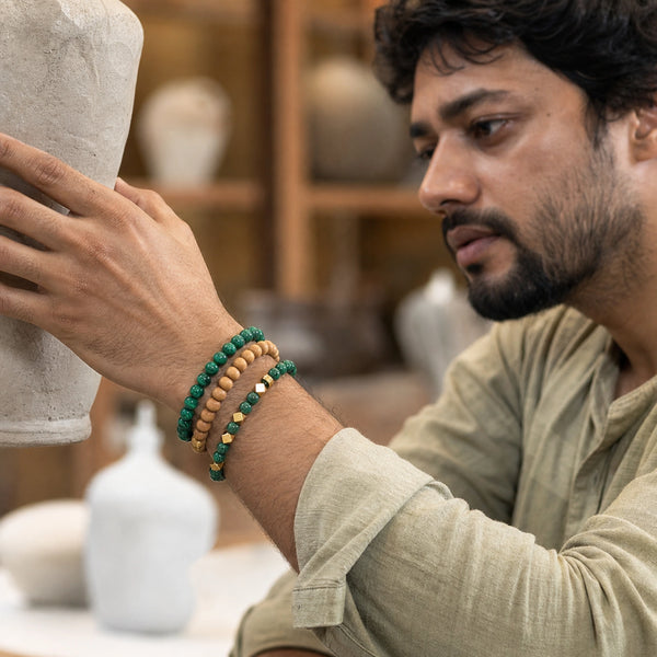 Malachite and Rosewood Bracelet Stack Set of 3 worn by an Indian man - candid lifestyle photograph