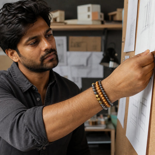 Hematite and Rosewood Bracelet Stack Set of 3 worn by an Indian man - candid lifestyle photograph