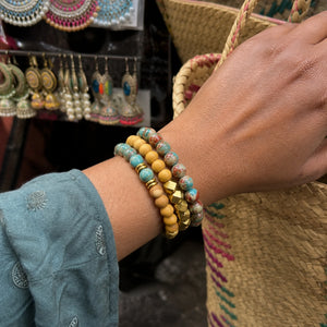 Multi Imperial Jasper and Rosewood Bracelet Stack Set of 3 on an Indian womans wrist - realistic close-up lifestyle photo