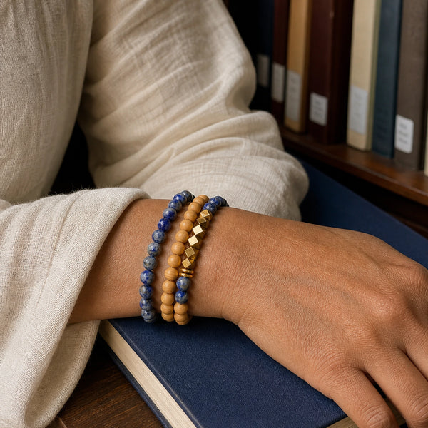 Lapis Lazuli and Rosewood Bracelet Stack Set of 3 on an Indian womans wrist - realistic close-up lifestyle photo