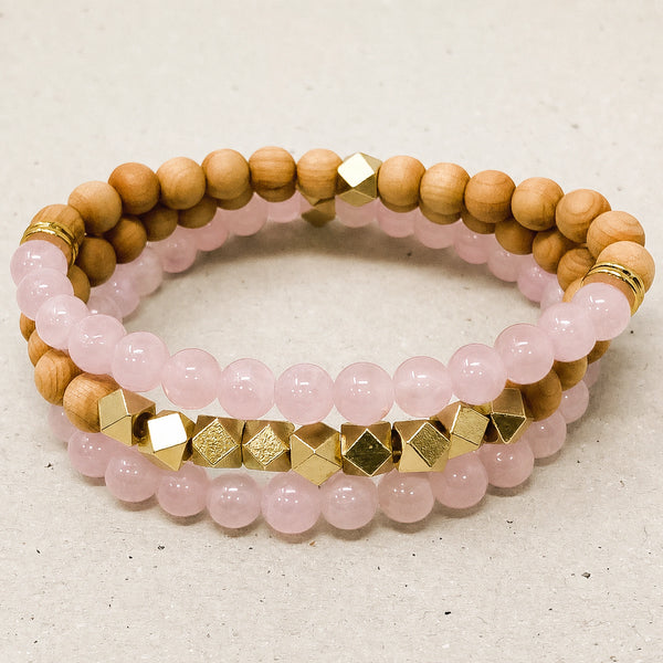 Rose Quartz and Rosewood Crystal Bracelet Stack Set of 3 - premium hero product photo