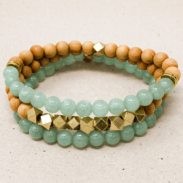 Green Aventurine and Rosewood Bracelet Stack Set of 3 - premium hero product photo