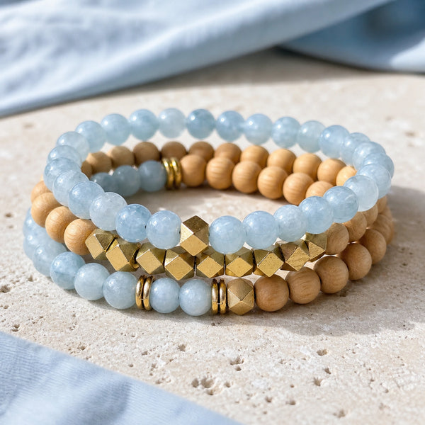 Aquamarine and Rosewood Crystal Bracelet Stack Set of 3 - premium stacked hero product photo