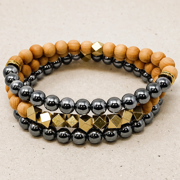 Hematite and Rosewood Crystal Bracelet Stack Set of 3 - premium hero product photo