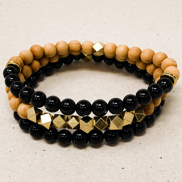 Black Onyx and Rosewood Crystal Bracelet Stack Set of 3 - premium hero product photo