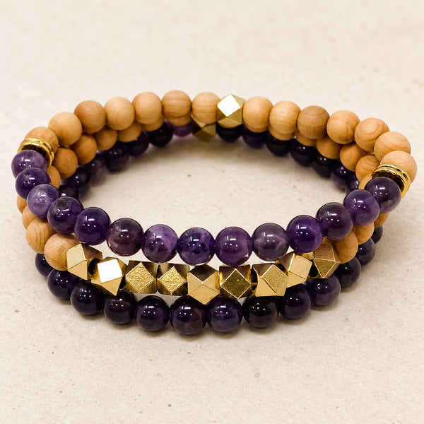 Amethyst and Rosewood Crystal Bracelet Stack Set of 3 - premium hero product photo