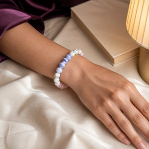 Indian woman hand wearing the Deep Sleep Howlite, Blue Lace Agate and Rose Quartz bracelet