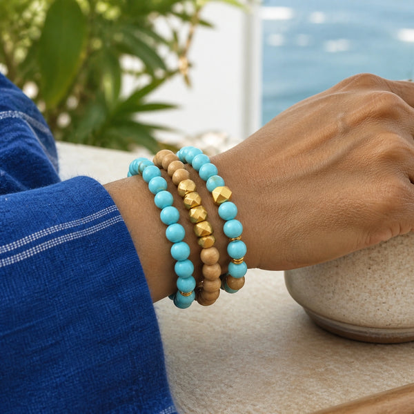 Turquoise and Rosewood Crystal Bracelet Stack Set of 3 worn by an Indian woman - lively model photo