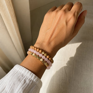 Rose Quartz and Rosewood Crystal Bracelet Stack Set of 3 worn on an Indian wrist - lifestyle photo