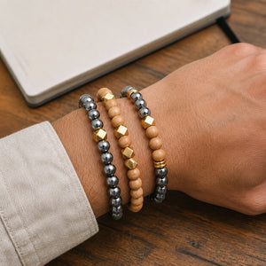 Hematite and Rosewood Crystal Bracelet Stack Set of 3 worn on an Indian wrist - work lifestyle photo