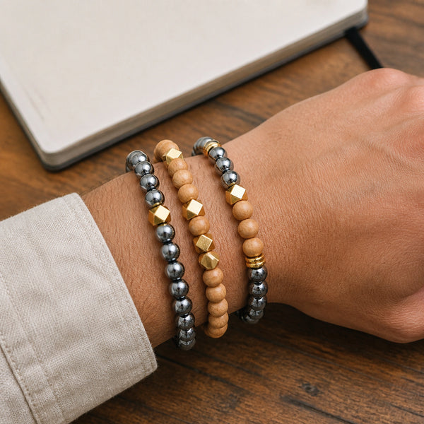 Hematite and Rosewood Crystal Bracelet Stack Set of 3 worn on an Indian wrist - work lifestyle photo