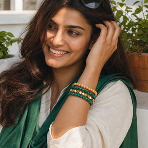 Malachite and Rosewood Crystal Bracelet Stack Set of 3 worn by an Indian woman - lively model photo