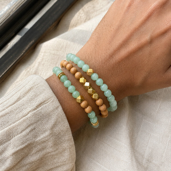Green Aventurine and Rosewood Bracelet Stack Set of 3 worn on an Indian wrist - lifestyle photo
