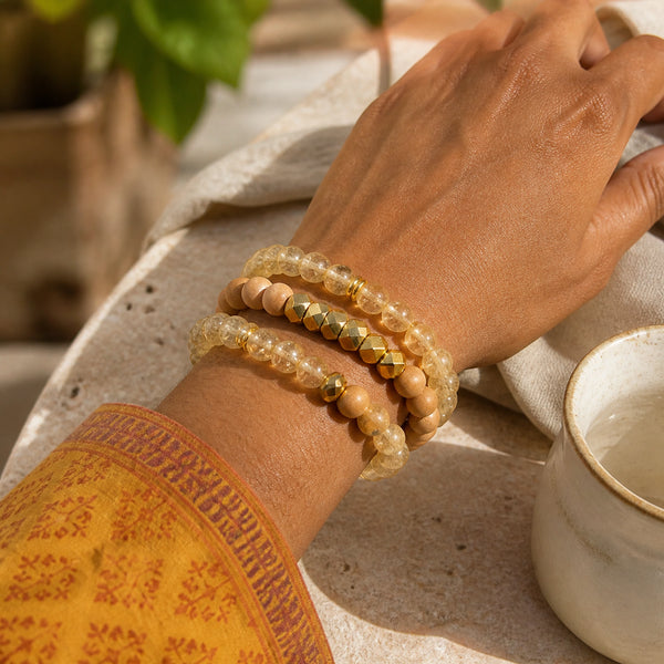 Citrine and Rosewood Crystal Bracelet Stack Set of 3 worn by an Indian woman - lively model photo