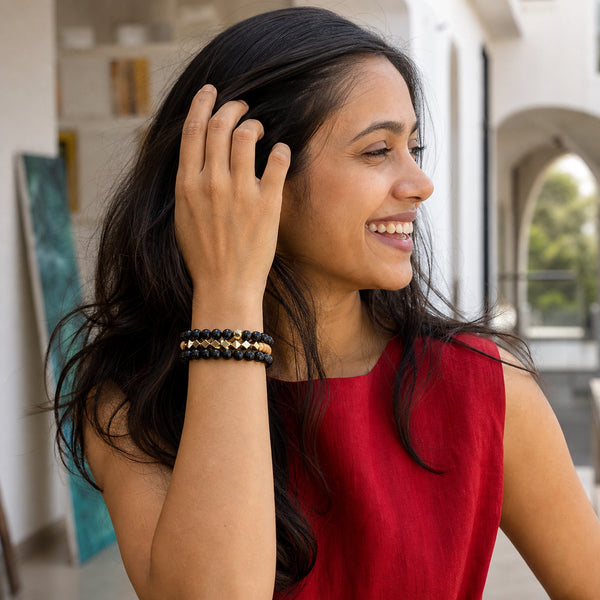 Black Onyx and Rosewood Crystal Bracelet Stack Set of 3 worn by an Indian woman - lively model photo