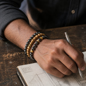 Hematite and Rosewood Bracelet Stack Set of 3 on an Indian mans wrist - realistic close-up lifestyle photo
