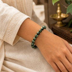 Seraphinite Bracelet 8mm worn on woman's wrist