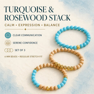 Turquoise and Rosewood Crystal Bracelet Stack Set of 3 - calm expression and balance benefits