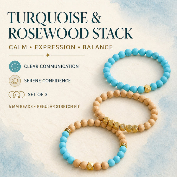 Turquoise and Rosewood Crystal Bracelet Stack Set of 3 - calm expression and balance benefits