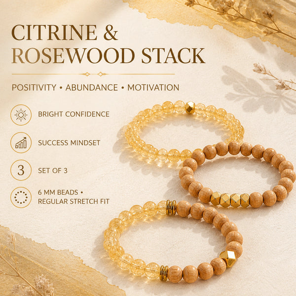 Citrine and Rosewood Crystal Bracelet Stack Set of 3 - positivity abundance and motivation benefits