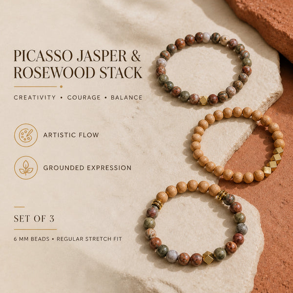 Picasso Jasper and Rosewood Bracelet Stack Set of 3 - creativity courage and balance benefits