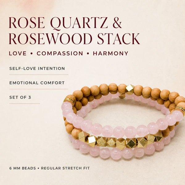 Rose Quartz and Rosewood Crystal Bracelet Stack Set of 3 - love compassion and harmony benefits
