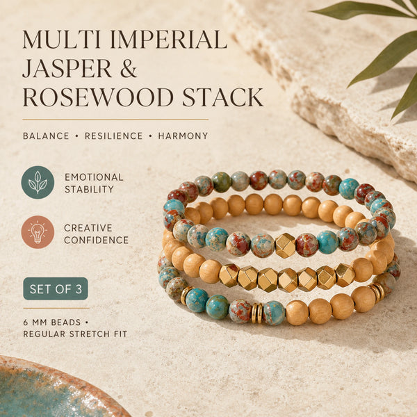 Multi Imperial Jasper and Rosewood Bracelet Stack Set of 3 - balance resilience and harmony benefits