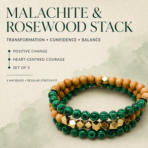 Malachite and Rosewood Crystal Bracelet Stack Set of 3 - transformation confidence and balance benefits