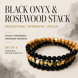 Black Onyx and Rosewood Crystal Bracelet Stack Set of 3 - protection strength and focus benefits