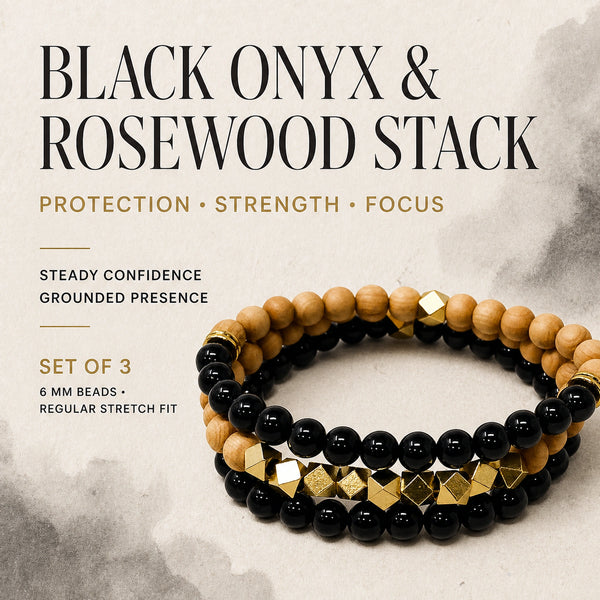 Black Onyx and Rosewood Crystal Bracelet Stack Set of 3 - protection strength and focus benefits