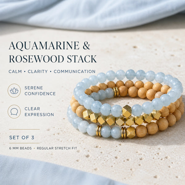 Aquamarine and Rosewood Crystal Bracelet Stack Set of 3 - calm clarity and communication benefits