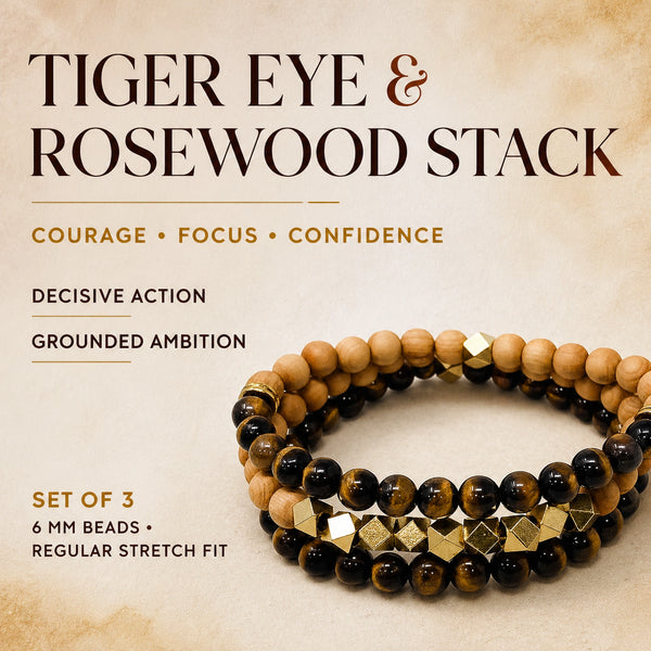 Tiger Eye and Rosewood Crystal Bracelet Stack Set of 3 - courage focus and confidence benefits