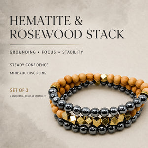 Hematite and Rosewood Crystal Bracelet Stack Set of 3 - grounding focus and stability benefits