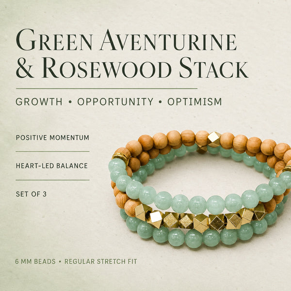 Green Aventurine and Rosewood Bracelet Stack Set of 3 - growth opportunity and optimism benefits