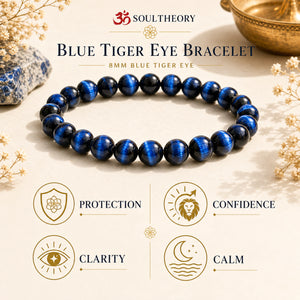 Blue Tiger Eye Bracelet benefits with Soultheory logo and icons