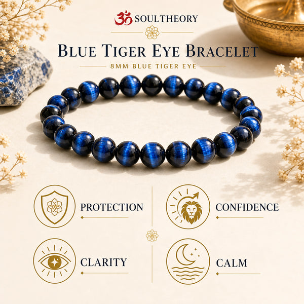 Blue Tiger Eye Bracelet benefits with Soultheory logo and icons
