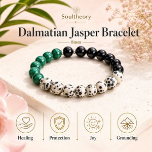 Dalmatian Jasper Bracelet benefits with Soultheory logo and icons