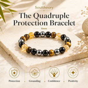 The Quadruple Protection Bracelet benefits with Soultheory logo and icons