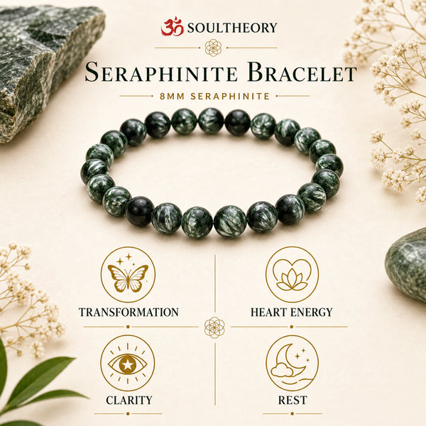 Seraphinite Bracelet benefits with Soultheory logo and icons