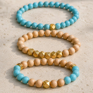 Turquoise and Rosewood 6 mm bracelet stack with gold-tone accents - macro bead detail