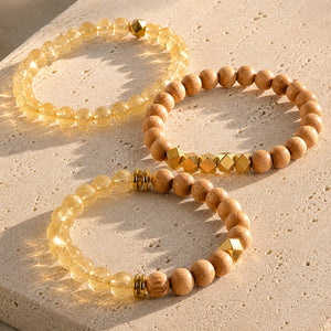Citrine and Rosewood 6 mm bracelet stack with gold-tone accents - macro bead detail