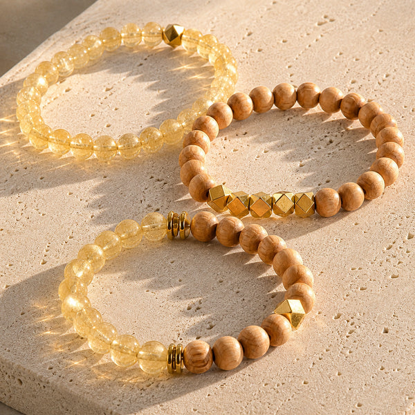 Citrine and Rosewood 6 mm bracelet stack with gold-tone accents - macro bead detail