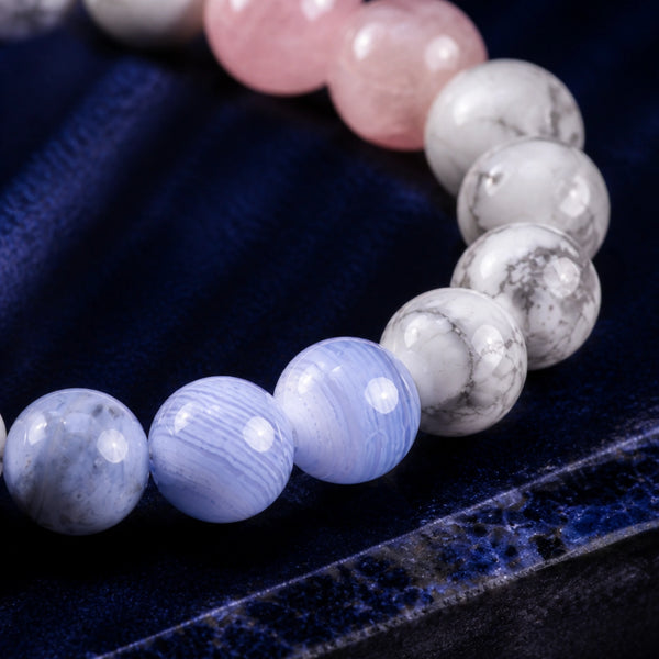 Close-up of Blue Lace Agate, Howlite and Rose Quartz bracelet beads