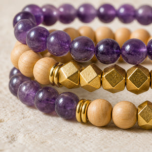 Amethyst and Rosewood 6 mm bracelet stack with gold-tone accents - macro bead detail