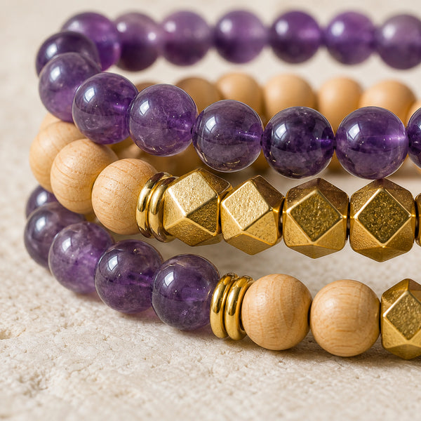 Amethyst and Rosewood 6 mm bracelet stack with gold-tone accents - macro bead detail