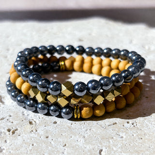 Hematite & Rosewood Crystal Bracelet Stack - Set of 3