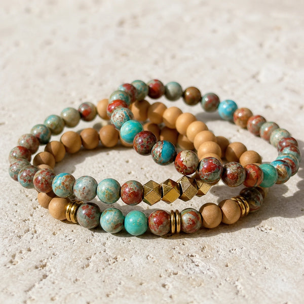 Multi Imperial Jasper and Rosewood 6 mm bracelet stack - multicolour gemstone macro detail