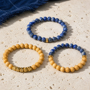 Lapis Lazuli and Rosewood 6 mm bracelet stack - blue mottled gemstone macro detail